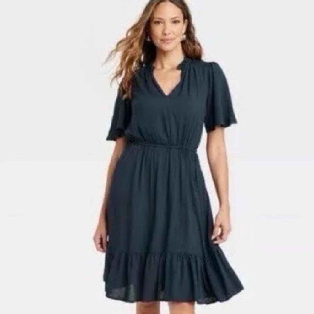 EUC KNOX ROSE Dark Navy Blue Tiered Short Sleeve Gauze Midi Dress SZ M